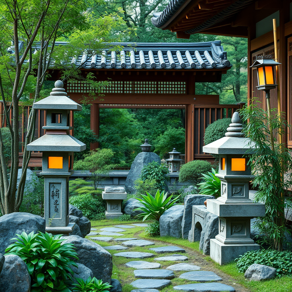 美しい日本庭園の風景、石灯籠と竹垣、緑豊かな植物が調和した伝統的な庭園デザイン