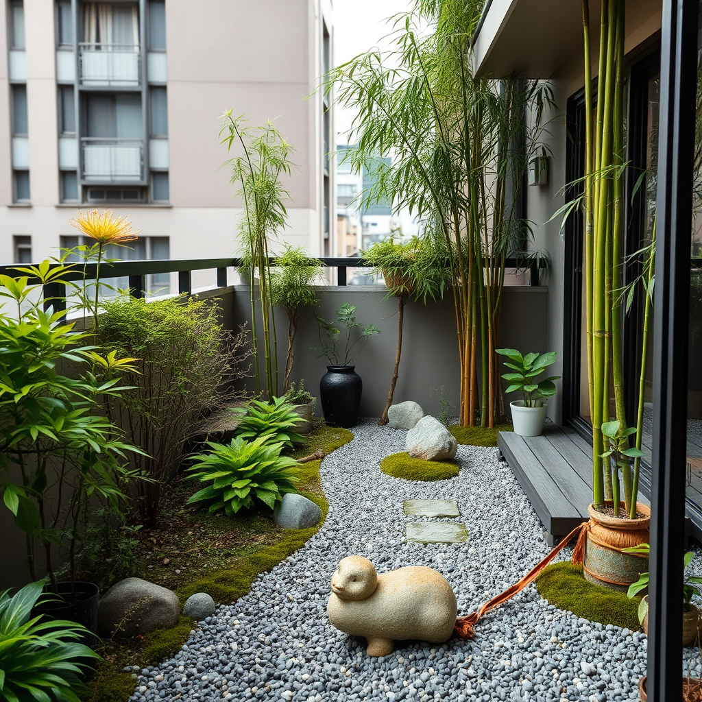 小さな東京のアパートのバルコニーに作られた美しい禅庭園。砂利のパターン、竹の特徴、慎重に選ばれた植物が配置され、都市生活に完璧な平和な屋外スペースを作り出している