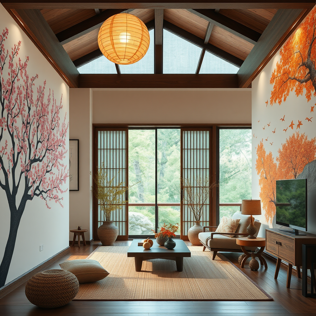 日本の四季を表現した美しいインテリアデザイン。春の桜のモチーフから秋の暖かい土色まで、季節の装飾要素が調和よく配置された現代的な日本の家の内部